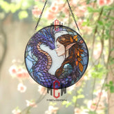 Elf and Dragon Stained Glass Suncatcher Fantasy Window Hanging Mystic Bond Glass Art Purple Dragon Decor Magical Gift